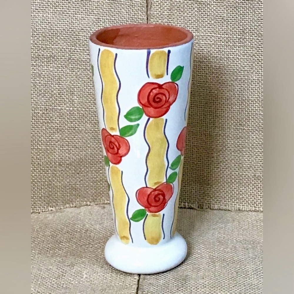 Floral Pedestal Pottery Vase Red Flowers Cottagecore Fun Whimsical Cheery